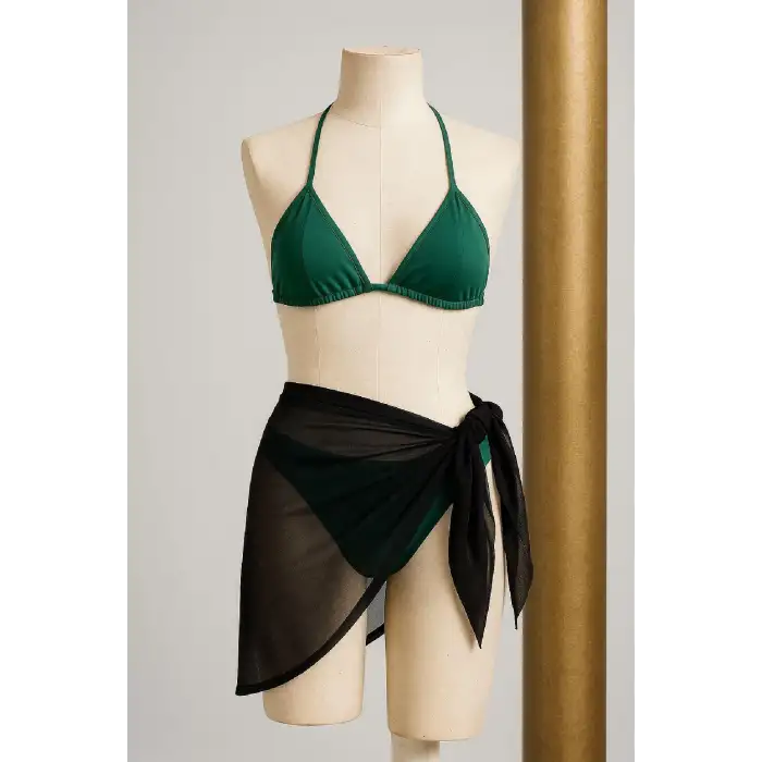 Kadın Yeşil Siyah Pareolu Yandan ve Boyundan Bağlamalı 3lü Bikini Takımı – Modern, Konforlu ve Günlük Kombinlere Uygun