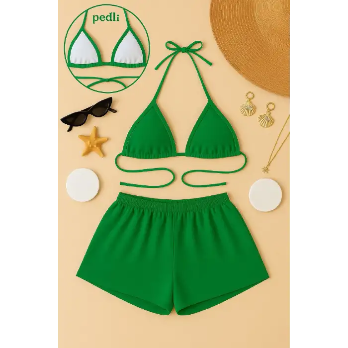 Kadın Yeşil Şortlu Belden ve Boyundan Bağlamalı Bikini Takımı – Modern, Konforlu ve Günlük Kombinlere Uygun