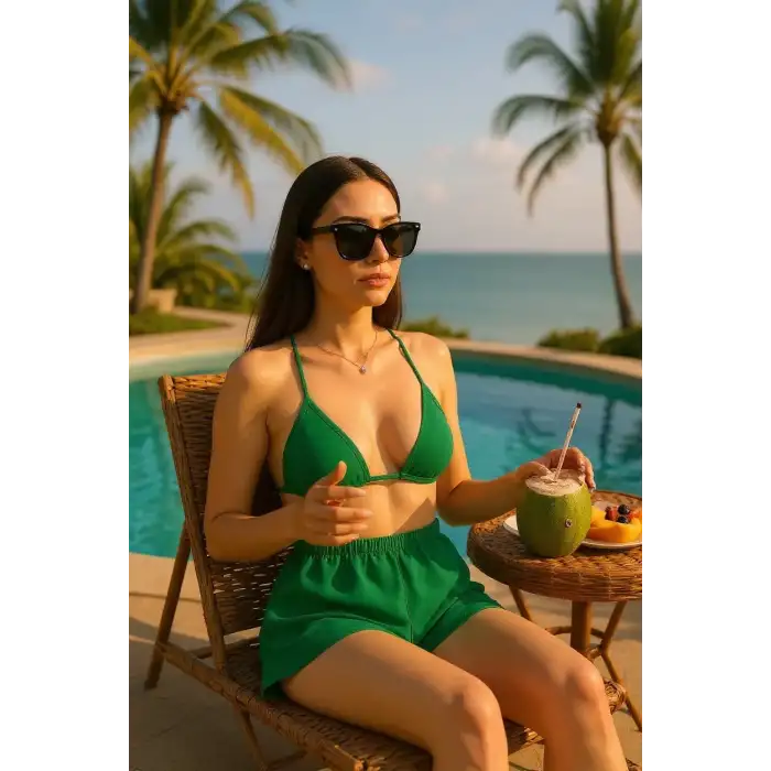 Kadın Yeşil Şortlu Belden ve Boyundan Bağlamalı Bikini Takımı – Modern, Konforlu ve Günlük Kombinlere Uygun