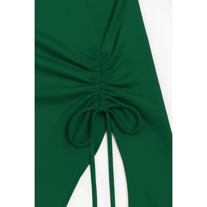 Kadın Yeşil Uzun İspanyol Kollu Asimetirik Yaka Yandan Bağlamalı Drapeli Bluz