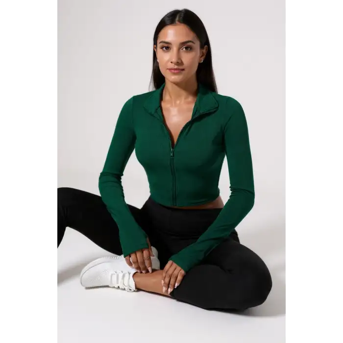 Kadın Yeşil Uzun Kol Fermuarlı Parmak Geçme Detaylı Dik Yaka Crop Top Bluz