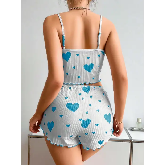 Kadın Beyaz Mavi Kalp Desenli Askılı Şortlu Pijama Takım 5043