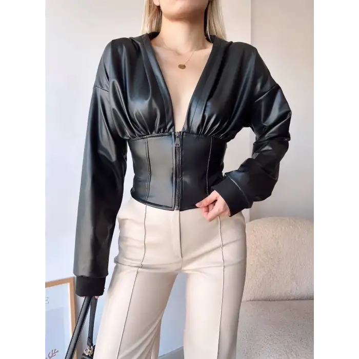 Kapşonlu yarım fermuarlı ceket siyah h24116