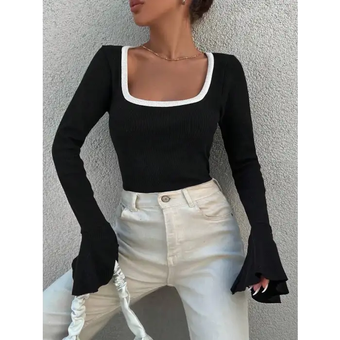 Kare yaka garni detay ispanyol kol bluz siyah a3105