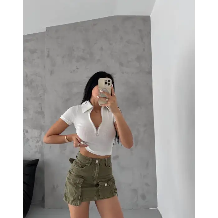 kaşkorse yaka fermuarlı bluz beyaz