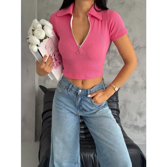 kaşkorse yaka fermuarlı bluz fuşya