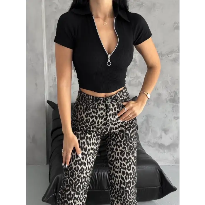 kaşkorse yaka fermuarlı bluz siyah