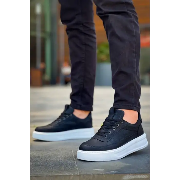 KB-006 Kuback Siyah Cilt Yüksek Taban Bağcıklı Günlük Erkek Ayakkabı
