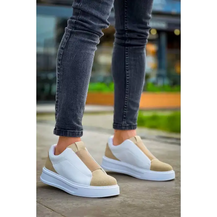 KB-007  Kuback  Beyaz Bej Yüksek Taban Tek Bant Bağcıksız Günlük Erkek Ayakkabı