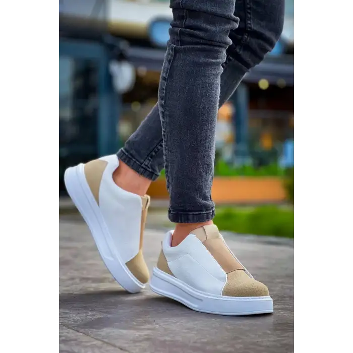 KB-007  Kuback  Beyaz Bej Yüksek Taban Tek Bant Bağcıksız Günlük Erkek Ayakkabı