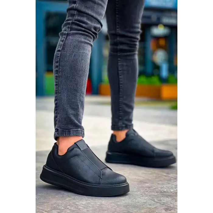 KB-007  Kuback Siyah Siyah Yüksek Taban Tek Bant Bağcıksız Günlük Erkek Ayakkabı