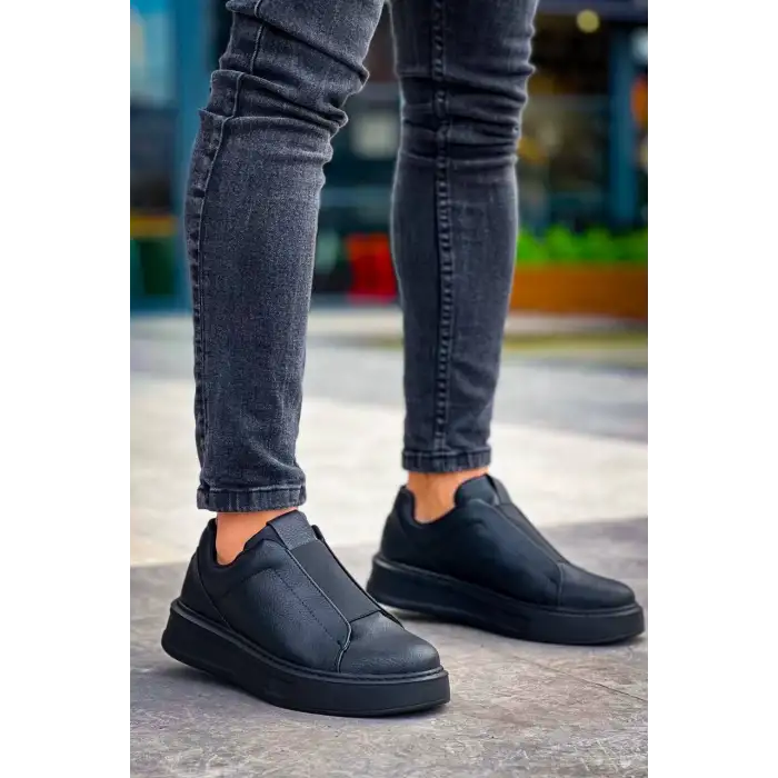 KB-007  Kuback Siyah Siyah Yüksek Taban Tek Bant Bağcıksız Günlük Erkek Ayakkabı