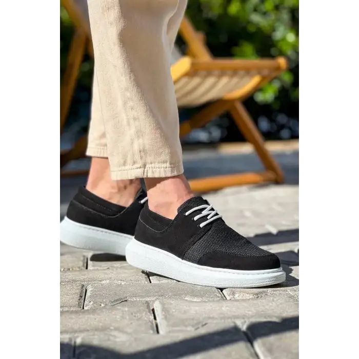 KB-042  Kuback Bağcıklı  Siyah Deri Tozu Beyaz Taban Günlük Erkek Ayakkabı