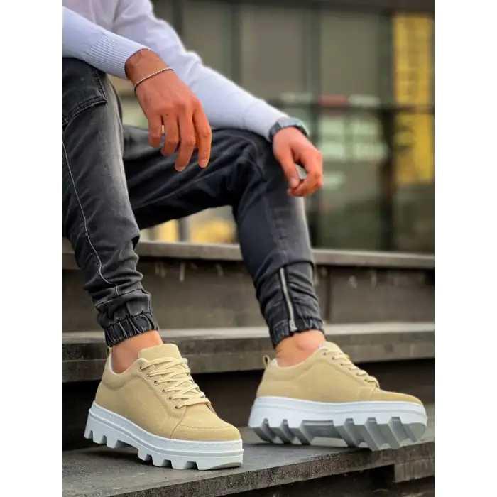 KB-056 Kuback Bej Süet Beyaz Yüksek Taban Günlük Spor Ayakkabı