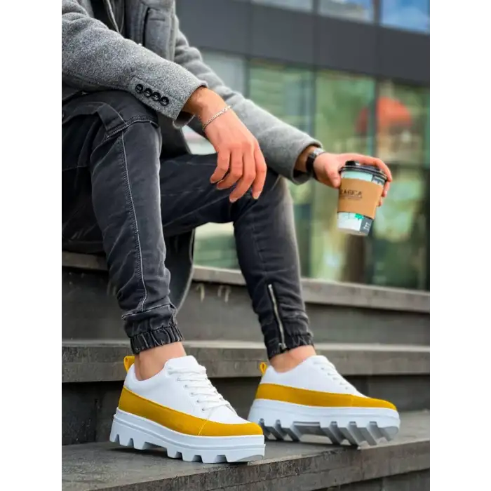 KB-056 Kuback Beyaz Sarı Detaylı Beyaz Yüksek Taban Günlük Spor Ayakkabı