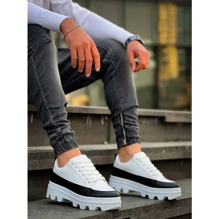 KB-056 Kuback Beyaz Siyah Detaylı Beyaz Yüksek Taban Günlük Spor Ayakkabı
