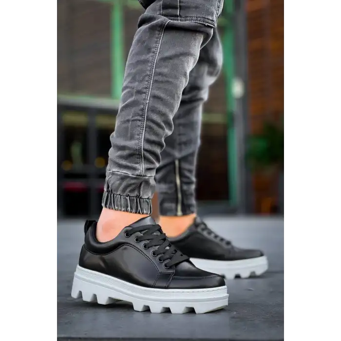 KB-056 Kuback Siyah Cilt Beyaz Yüksek Taban Günlük Spor Ayakkabı