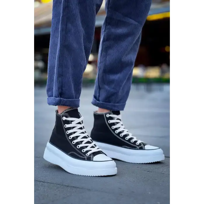 KB-CX-3 Kuback Uzun Siyah Keten Beyaz Yüksek Taban Spor Ayakkabı