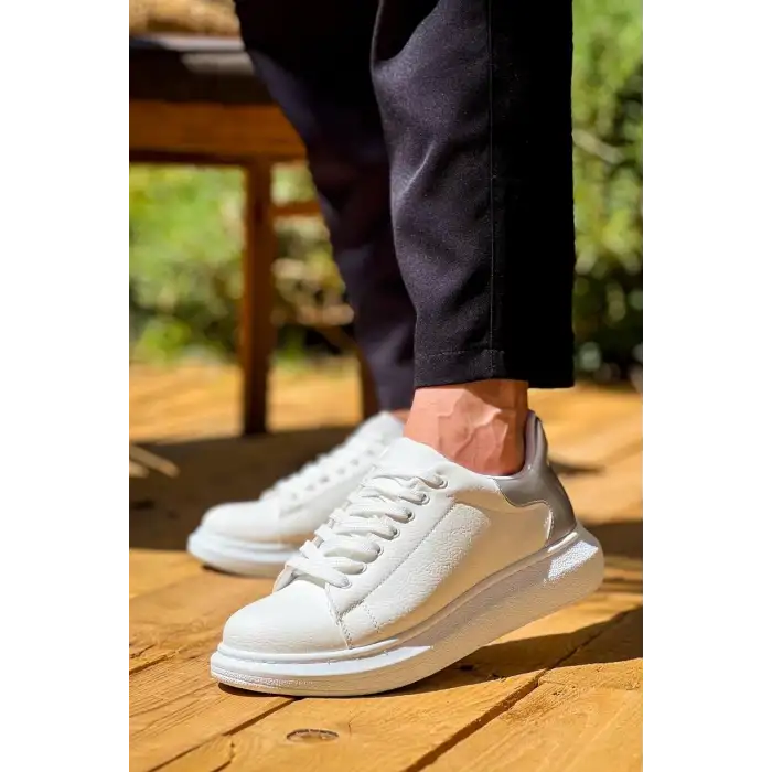 KB-X500  Kuback Beyaz Gümüş Yüksek Taban Bağcıklı Günlük Erkek Ayakkabı