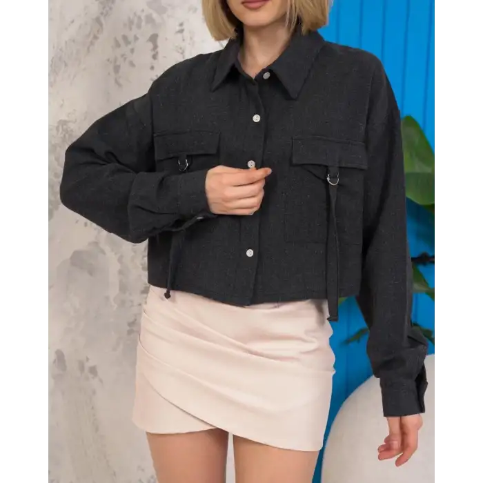 Kemer cepli keten crop gömlek siyah s255350