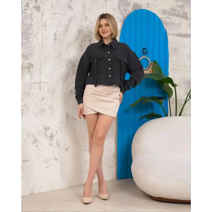 Kemer cepli keten crop gömlek siyah s255350