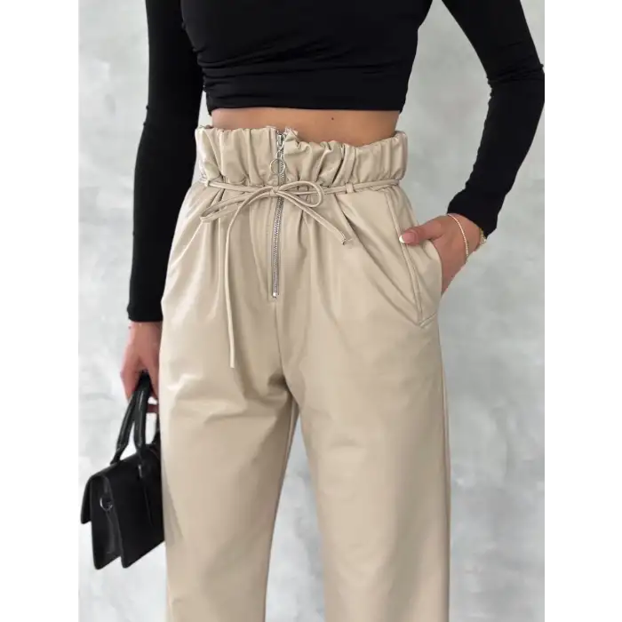 Kendinden ince kemerli deri pantolon bej t1178