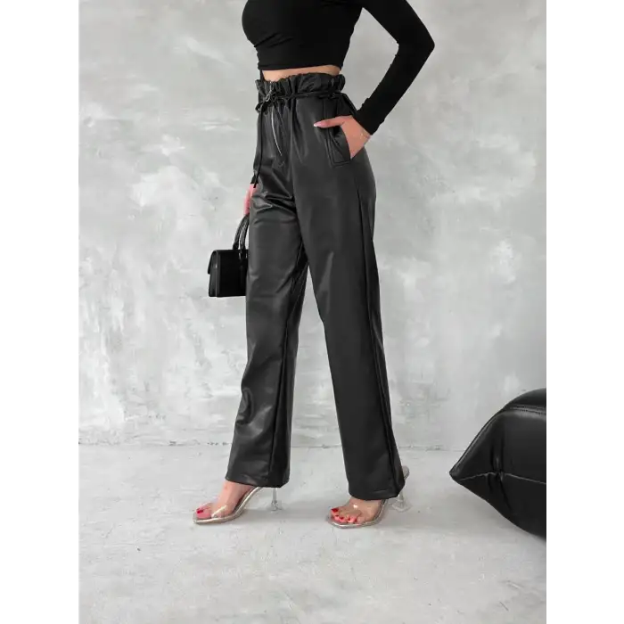 Kendinden ince kemerli deri pantolon siyah t1178