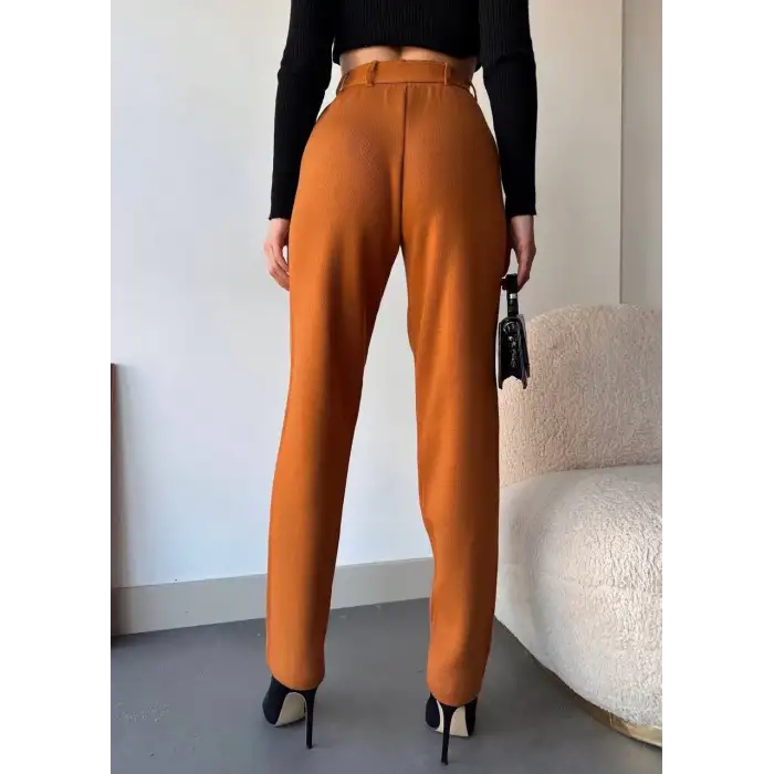 Kendinden kemerli triko pantolon camel