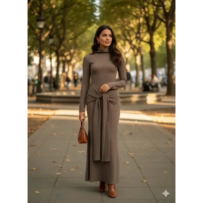 Kendinden kemerli uzun elbise vizon