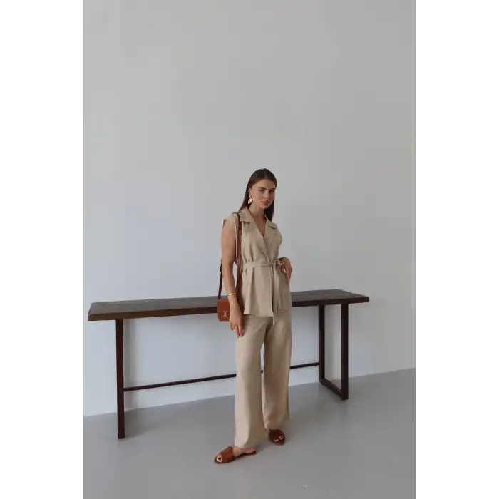 Keten yelek pantolon takım bej pt