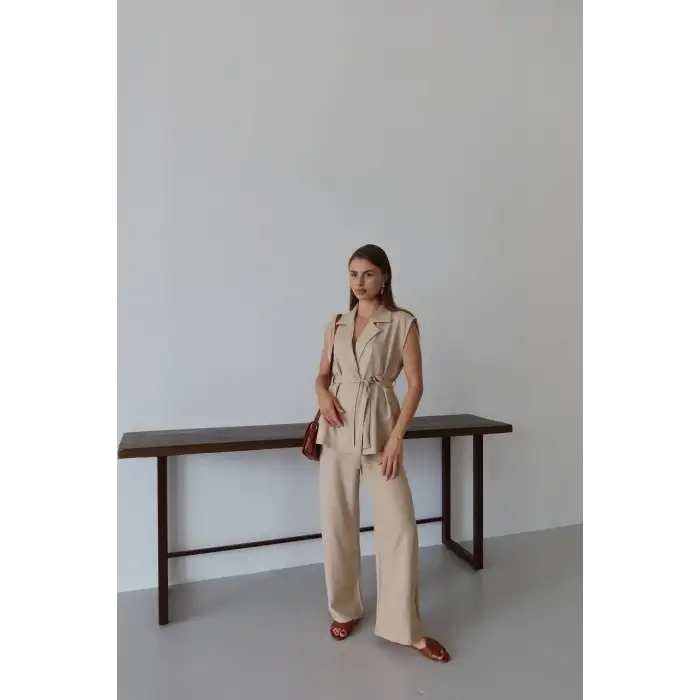 Keten yelek pantolon takım bej pt