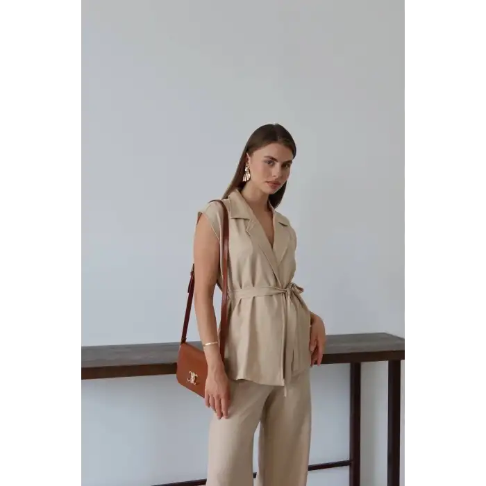 Keten yelek pantolon takım bej pt