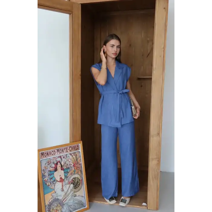 Keten yelek pantolon takım indigo pt