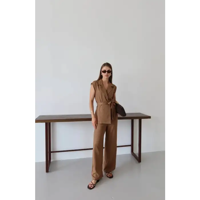 Keten yelek pantolon takım kahve pt