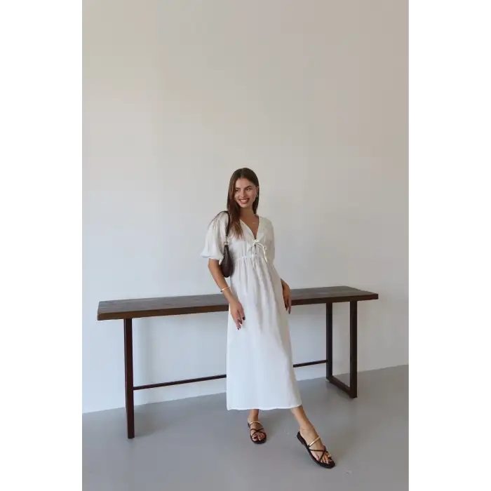 Kısa kollu müslin elbise beyaz pt