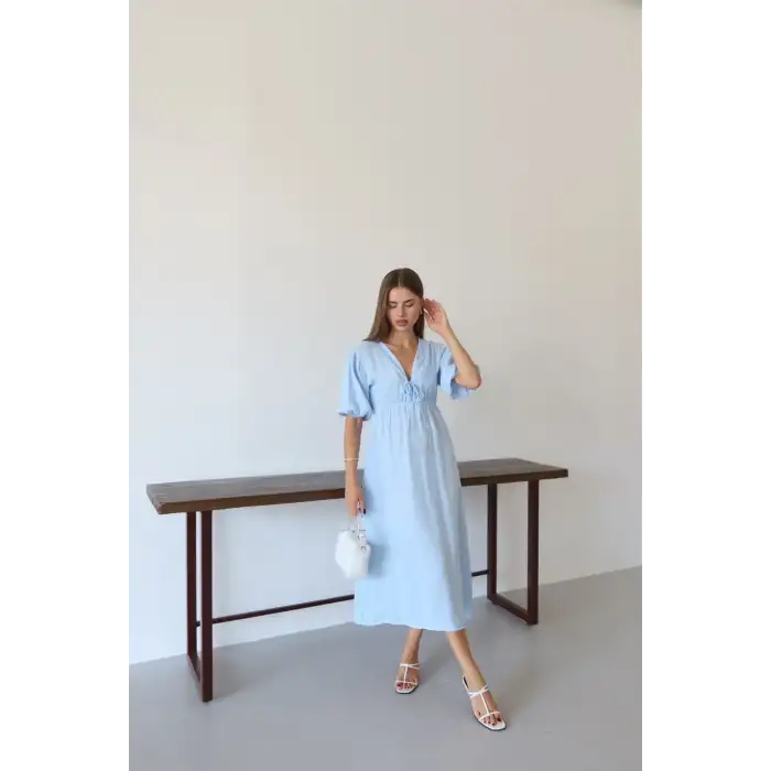 Kısa kollu müslin elbise mavi pt