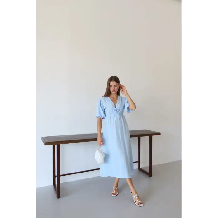 Kısa kollu müslin elbise mavi pt