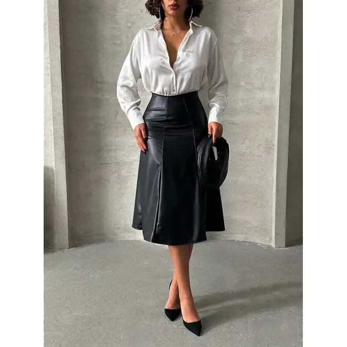 Komple parçalı deri etek siyah h26441