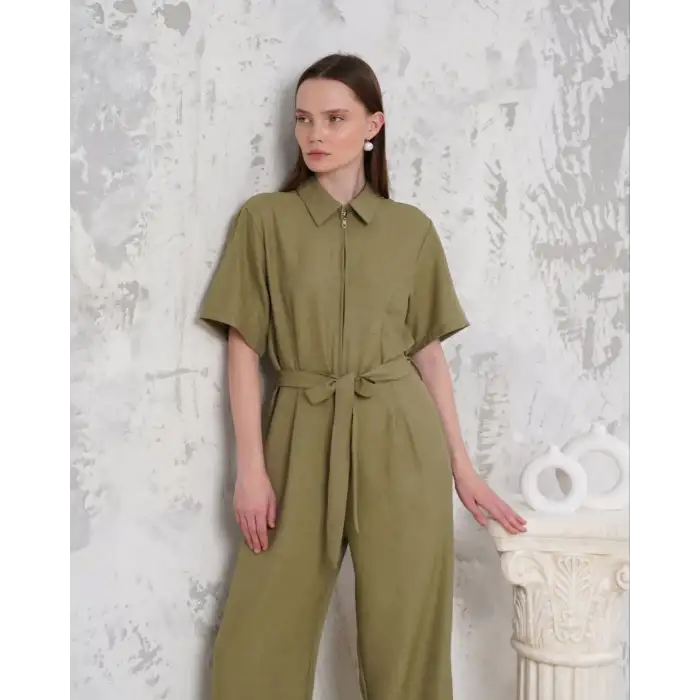 Kuşaklı gömlek yaka salaş tulum haki s255822