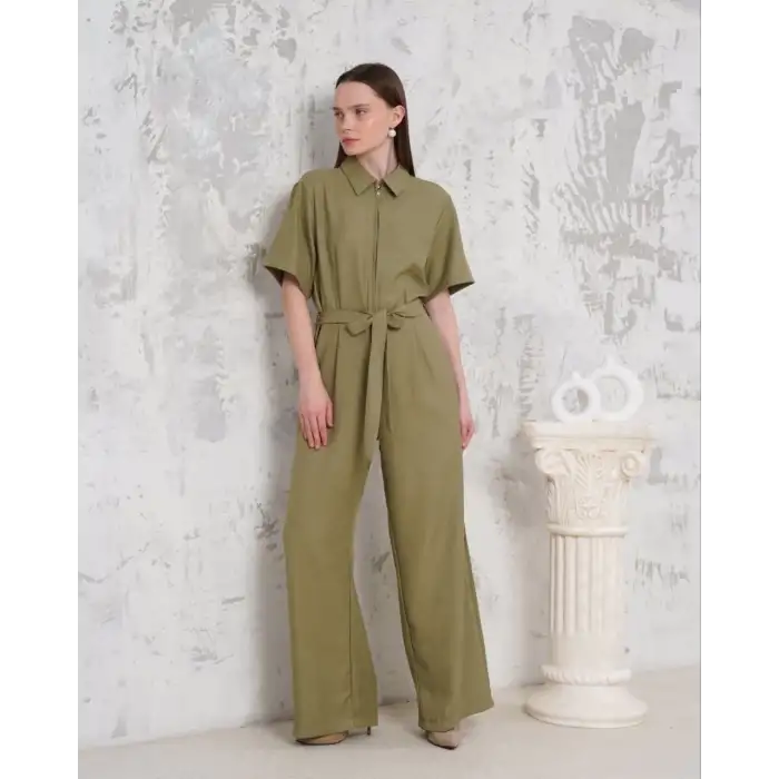 Kuşaklı gömlek yaka salaş tulum haki s255822