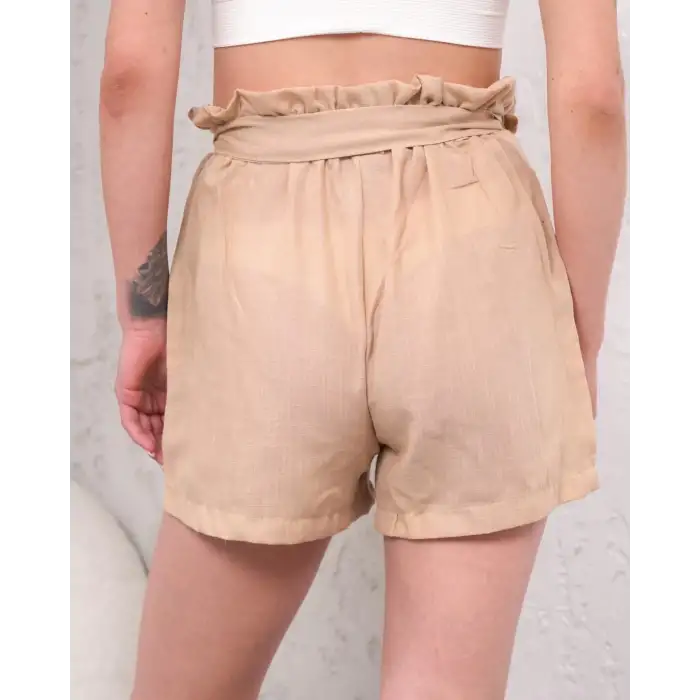 Kuşaklı keten şort bej s255265