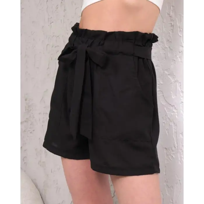 Kuşaklı keten şort siyah s255265