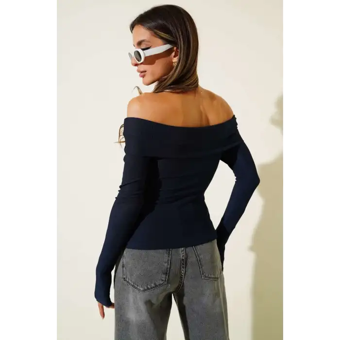 Madonna Yaka Düğmeli Bluz Lacivert t4329