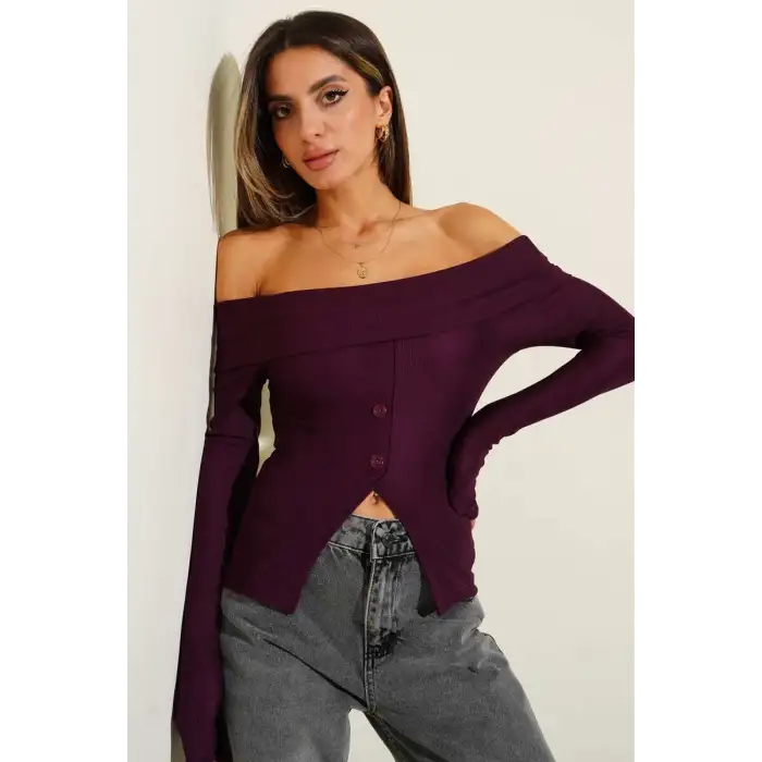 Madonna Yaka Düğmeli Bluz Mürdüm t4329