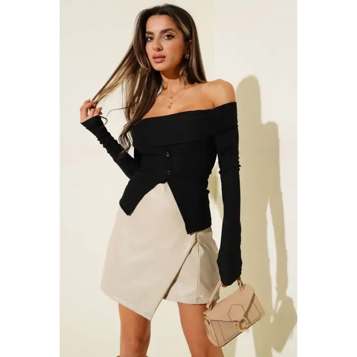 Madonna Yaka Düğmeli Bluz siyah t4329