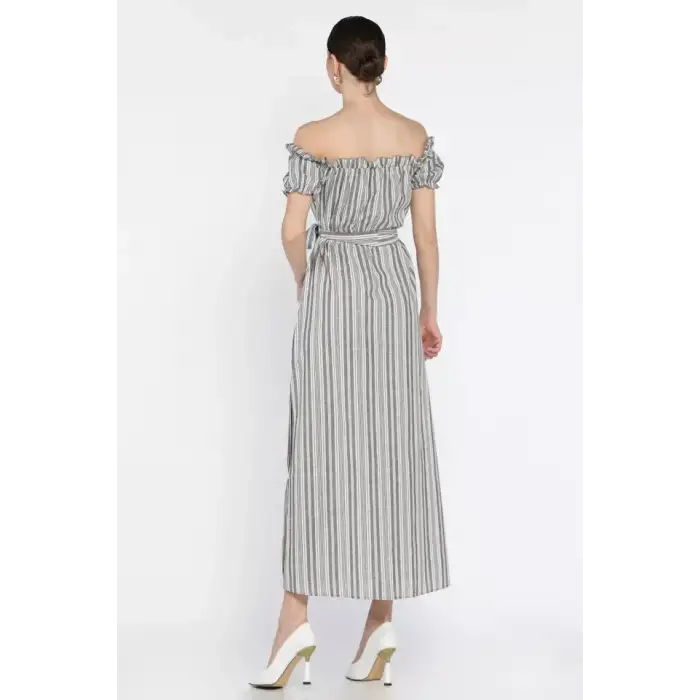 Madonna yaka midi yırtmaçlı kuşaklı keten elbise