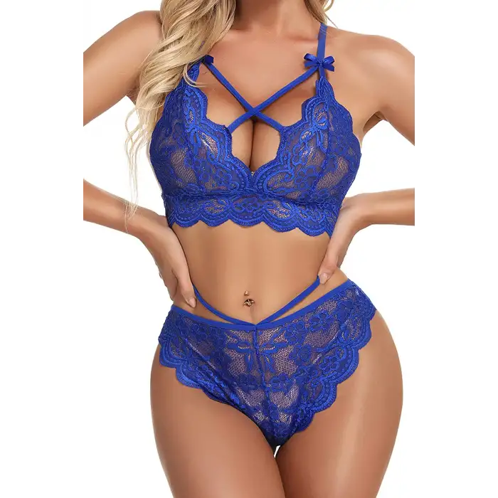 Mavi Çapraz Ip Detaylı Şık Sütyen  Külot Takım