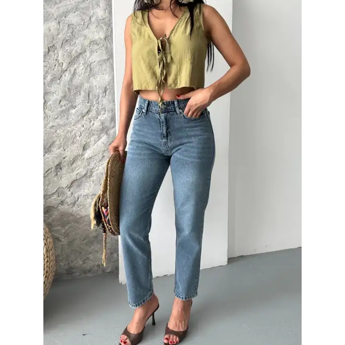 Mom fit bıyık kar yıkama jeans pantolon koyu mavi d2006