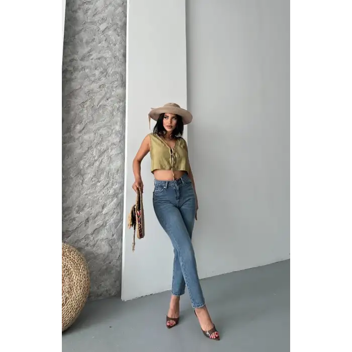 Mom fit bıyık kar yıkama jeans pantolon koyu mavi d2006