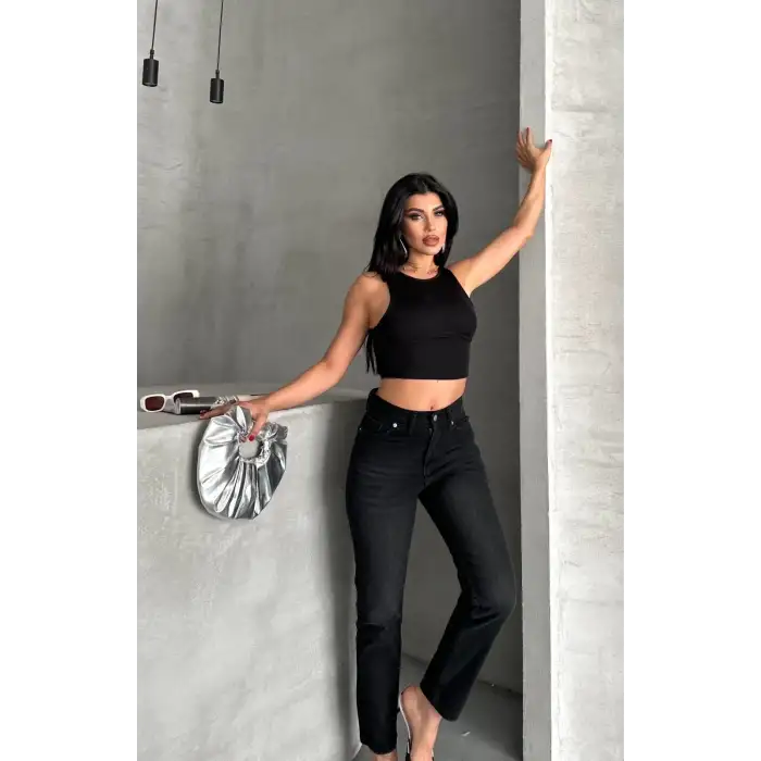 Mom fit enzim bıyıklı taş yıkama jeans pantolon siyah d2006